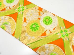 アンティーク　斜め格子に花丸模様織り出し袋帯（材料）